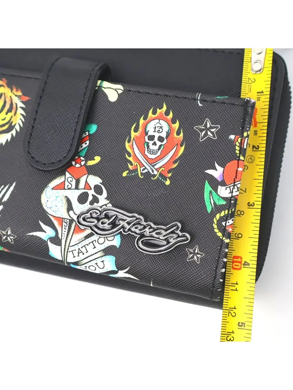 Ed Hardy Black Tattoo Print Crossbody Wallet with Adjustable Strap